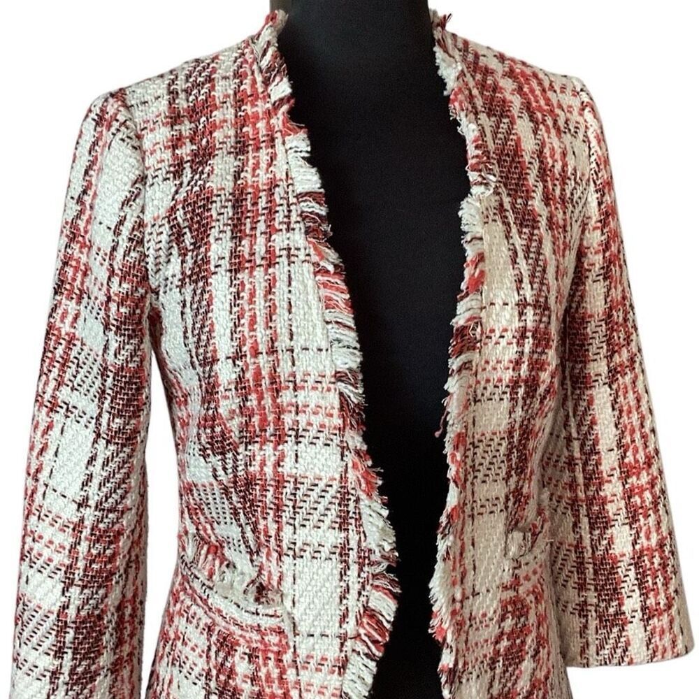 Halogen Tweed Fringed Lined Blazer Women’s Small Coastal Chic Black White Salmon - Picture 2 of 8